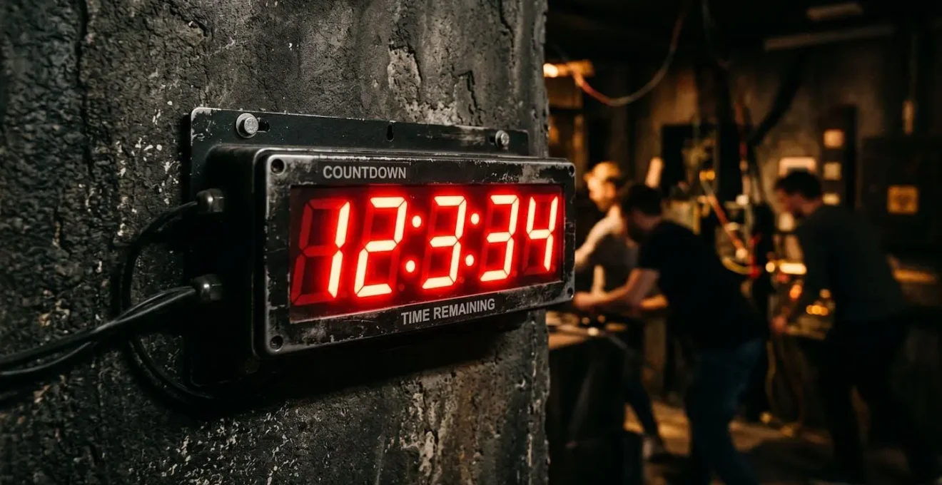 Chronomètre LED rouge affichant 12:34 sur un mur d'escape game avec silhouettes floues de joueurs actifs en arrière-plan