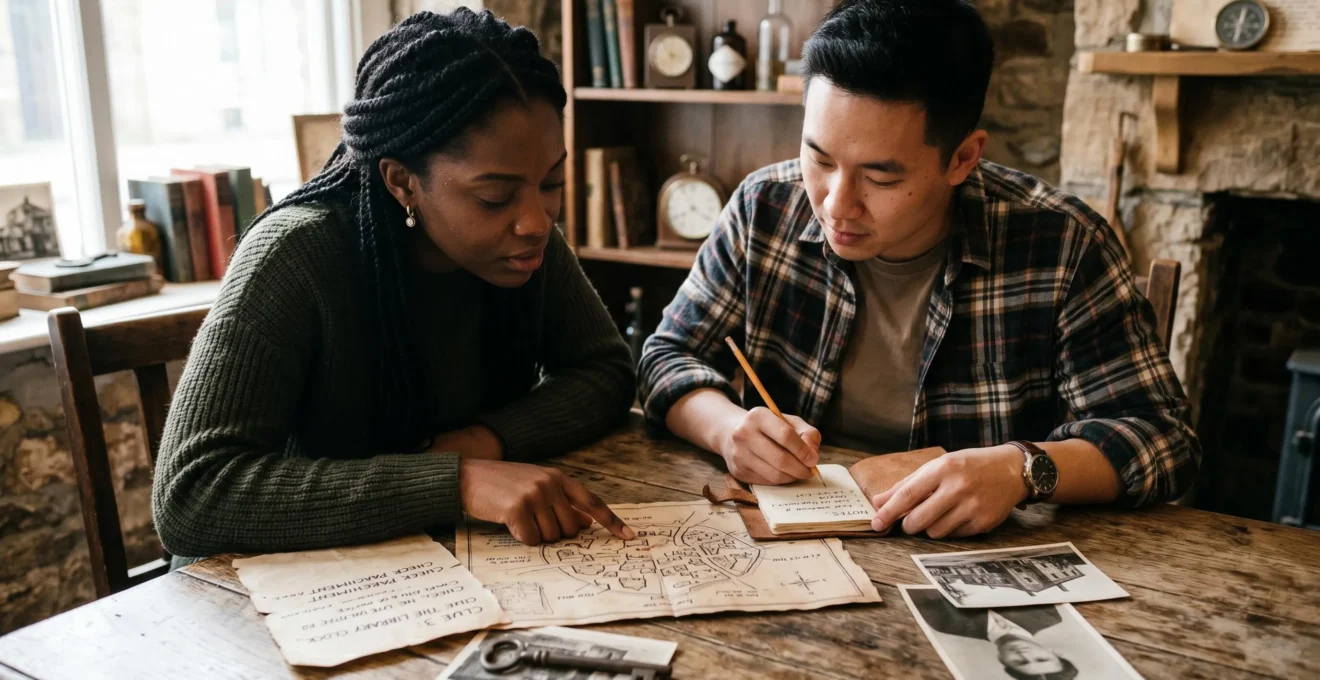Deux joueurs collaborant étroitement autour d'une table en bois dans un escape game, examinant ensemble des indices manuscrits et cartes anciennes avec concentration