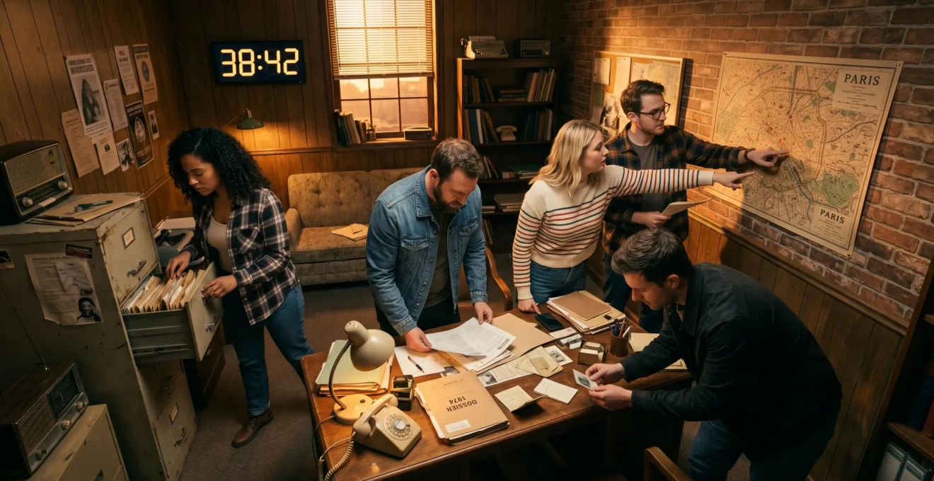 Équipe de joueurs adultes en pleine session d'escape game dans une salle thématique enquête policière chez Rashomon Escape Paris, fouillant activement le décor immersif avec chronomètre digital affichant le temps restant