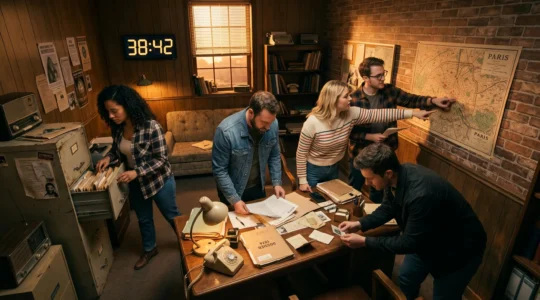 Équipe de joueurs adultes en pleine session d'escape game dans une salle thématique enquête policière chez Rashomon Escape Paris, fouillant activement le décor immersif avec chronomètre digital affichant le temps restant