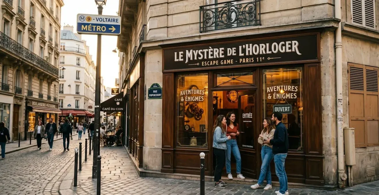 Façade extérieure d'un établissement escape game dans une rue parisienne typique du 11ème arrondissement avec architecture haussmannienne et groupe de joueurs devant l'entrée